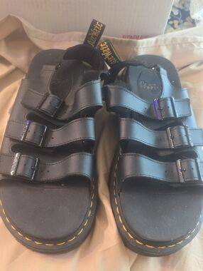 Dr. Martens  Black Triple-Strap Buckle Sandals with Yellow Stitching Like New